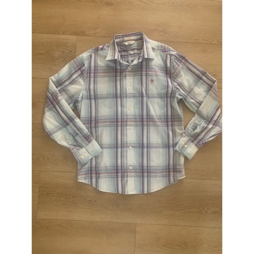 Original Penguin Mens Classic Fit Plaid Button Down Shirt Blue Purple Large